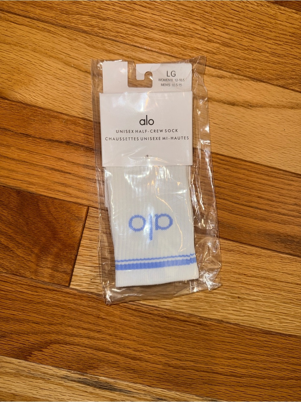 ALO Yoga White Crew Socks with Light Blue Logo and Stripe